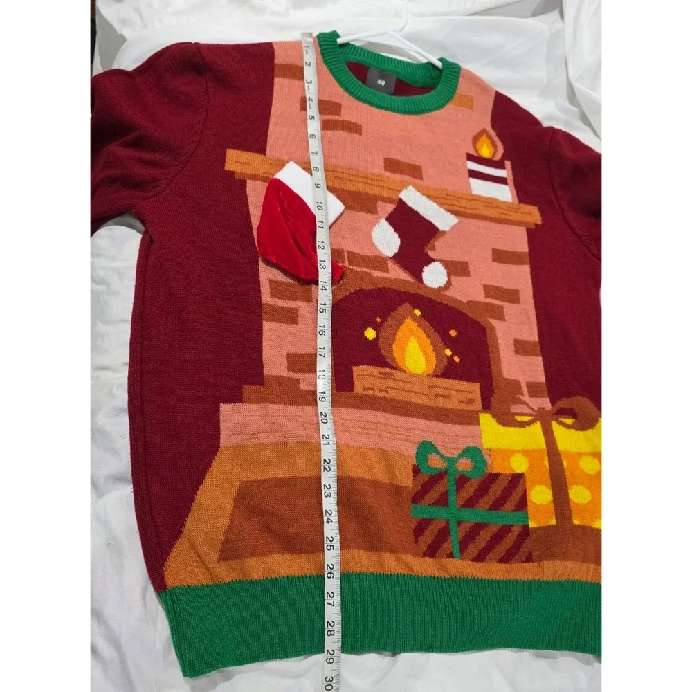 H&M Mens Ugly Christmas Sweater Size Large Red Fireplace 3D Stocking Holiday
